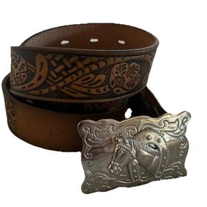 SS Double S Collection Belt 28" Tan Leather Hand Tooled Western Horse Buckle NEW